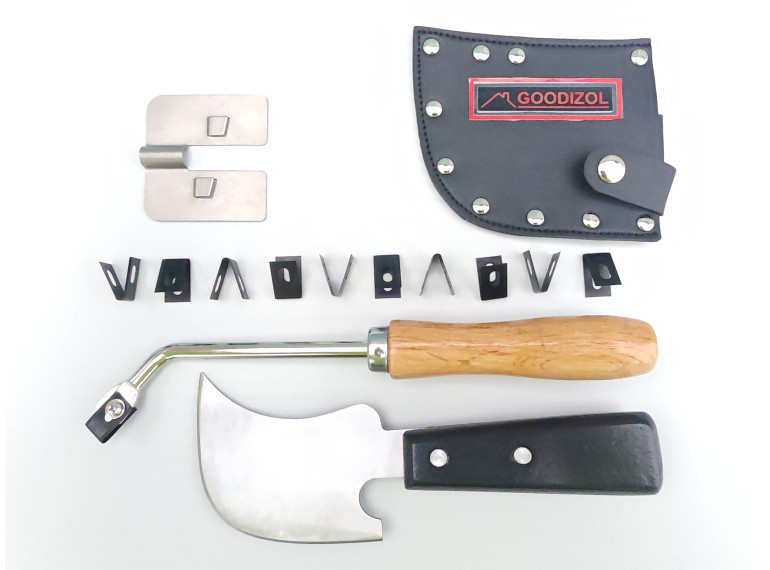 Комплект для монтажу лінолеуму. Місяцеподібний ніж з чохлом та підклакою. Грувер (рустівка) з лезами Комплект для монтажу лінолеуму. Місяцеподібний ніж з чохлом та підклакою. Грувер (рустівка) з лезами