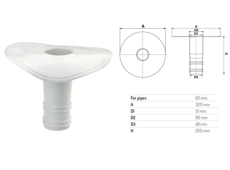 Воронка дренажная для ПВХ мембраны Ø 63 L 250 мм Воронка дренажная для ПВХ мембраны Ø 63 L 250 мм
